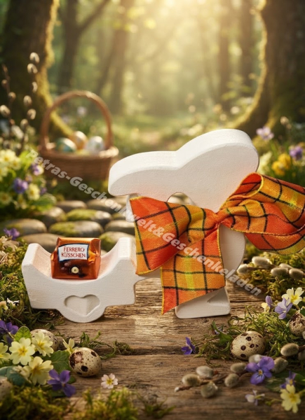 Osterhase mit Bollerwagen & Ferrero Küsschen als Gastgeschenk